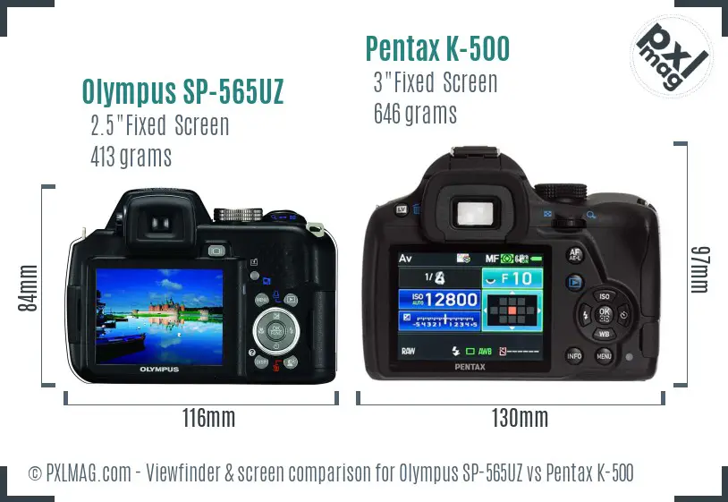 Olympus SP-565UZ vs Pentax K-500 Screen and Viewfinder comparison