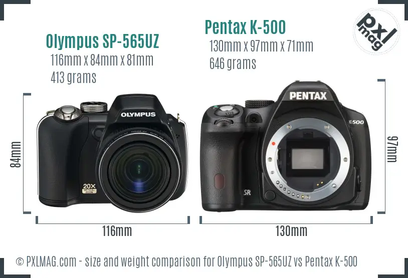 Olympus SP-565UZ vs Pentax K-500 size comparison