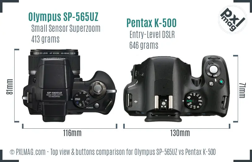 Olympus SP-565UZ vs Pentax K-500 top view buttons comparison