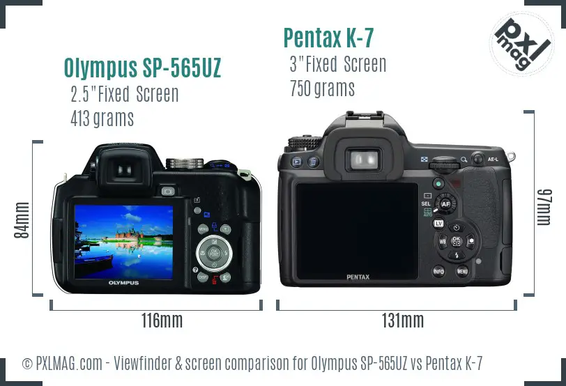 Olympus SP-565UZ vs Pentax K-7 Screen and Viewfinder comparison