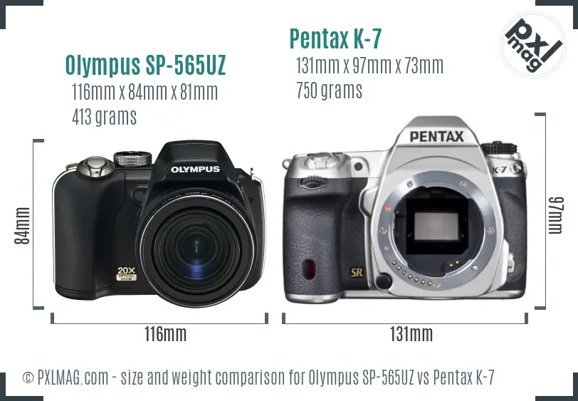 Olympus SP-565UZ vs Pentax K-7 size comparison