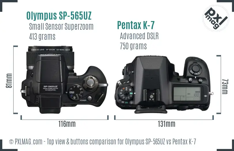 Olympus SP-565UZ vs Pentax K-7 top view buttons comparison