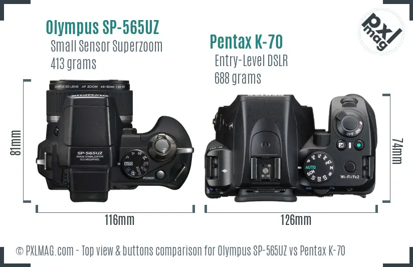 Olympus SP-565UZ vs Pentax K-70 top view buttons comparison