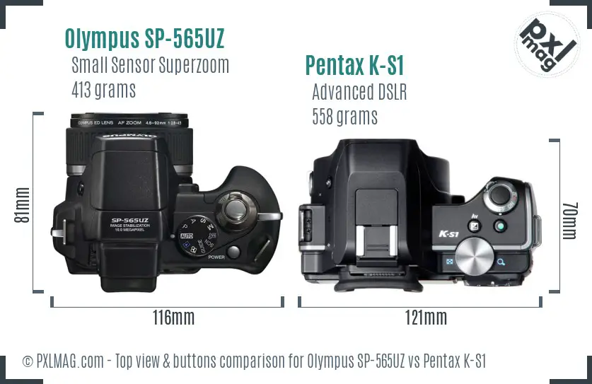 Olympus SP-565UZ vs Pentax K-S1 top view buttons comparison