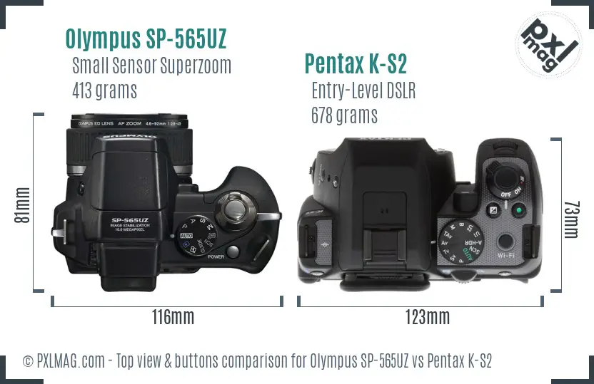 Olympus SP-565UZ vs Pentax K-S2 top view buttons comparison