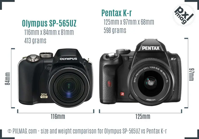 Olympus SP-565UZ vs Pentax K-r size comparison