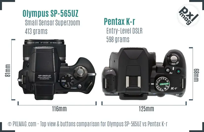 Olympus SP-565UZ vs Pentax K-r top view buttons comparison