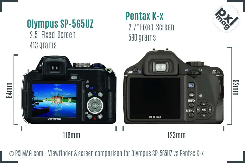 Olympus SP-565UZ vs Pentax K-x Screen and Viewfinder comparison