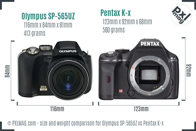 Olympus SP-565UZ vs Pentax K-x size comparison