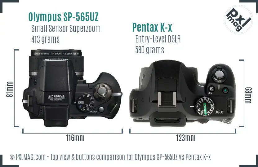 Olympus SP-565UZ vs Pentax K-x top view buttons comparison