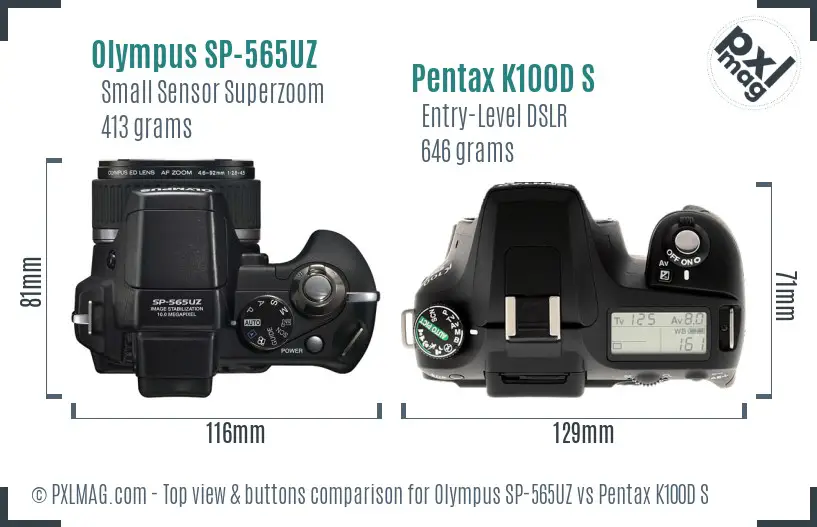 Olympus SP-565UZ vs Pentax K100D S top view buttons comparison