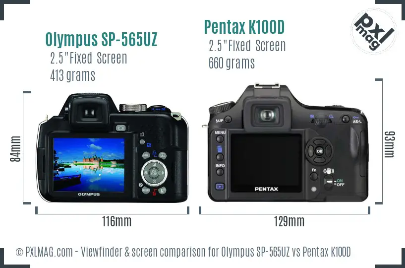Olympus SP-565UZ vs Pentax K100D Screen and Viewfinder comparison