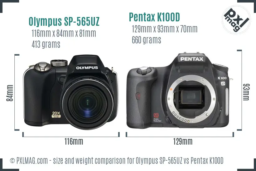 Olympus SP-565UZ vs Pentax K100D size comparison