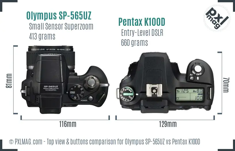 Olympus SP-565UZ vs Pentax K100D top view buttons comparison