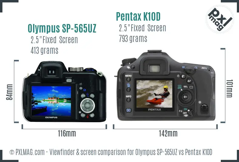Olympus SP-565UZ vs Pentax K10D Screen and Viewfinder comparison