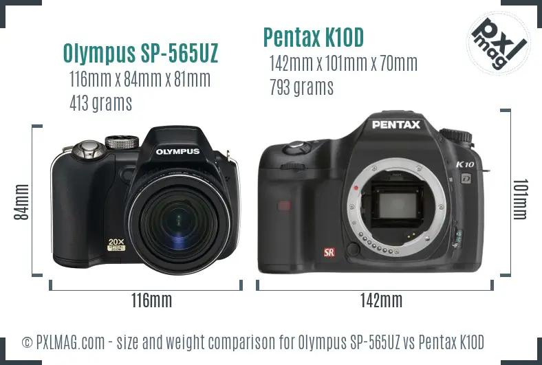 Olympus SP-565UZ vs Pentax K10D size comparison