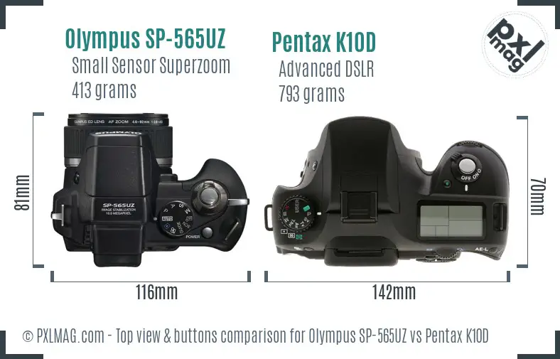 Olympus SP-565UZ vs Pentax K10D top view buttons comparison