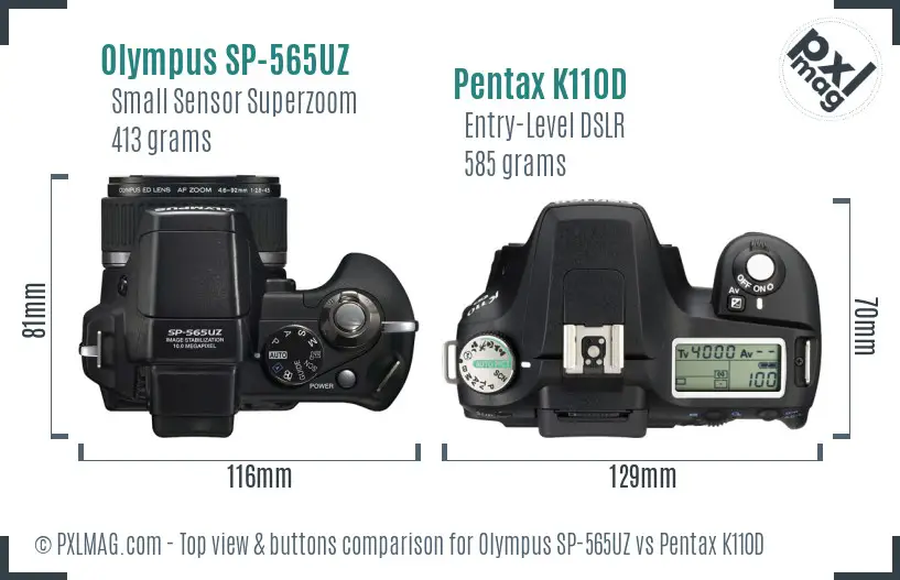 Olympus SP-565UZ vs Pentax K110D top view buttons comparison