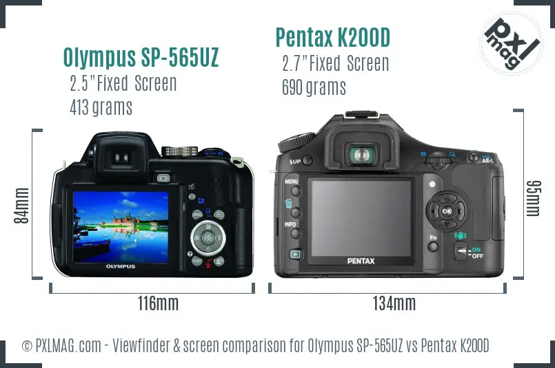 Olympus SP-565UZ vs Pentax K200D Screen and Viewfinder comparison