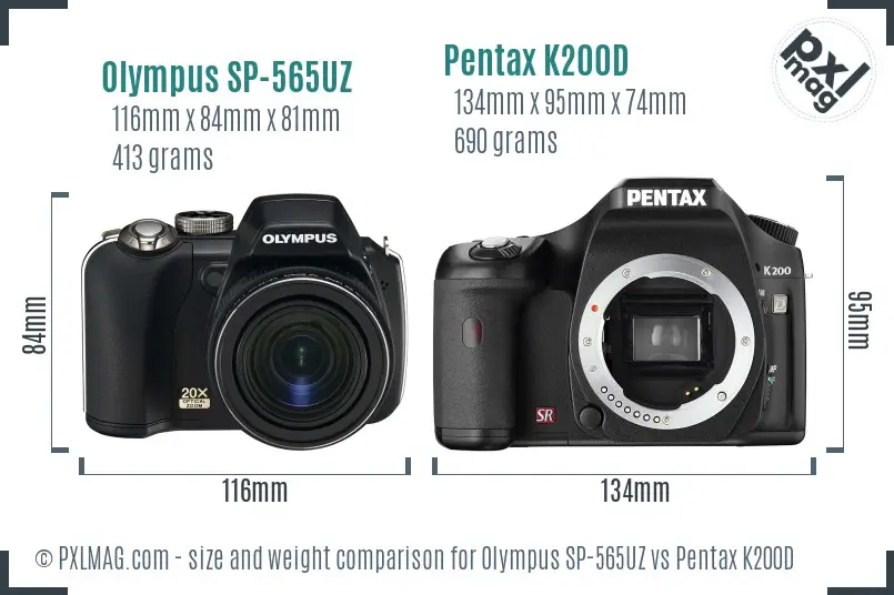 Olympus SP-565UZ vs Pentax K200D size comparison