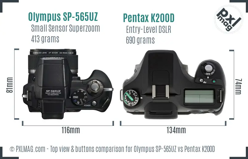 Olympus SP-565UZ vs Pentax K200D top view buttons comparison
