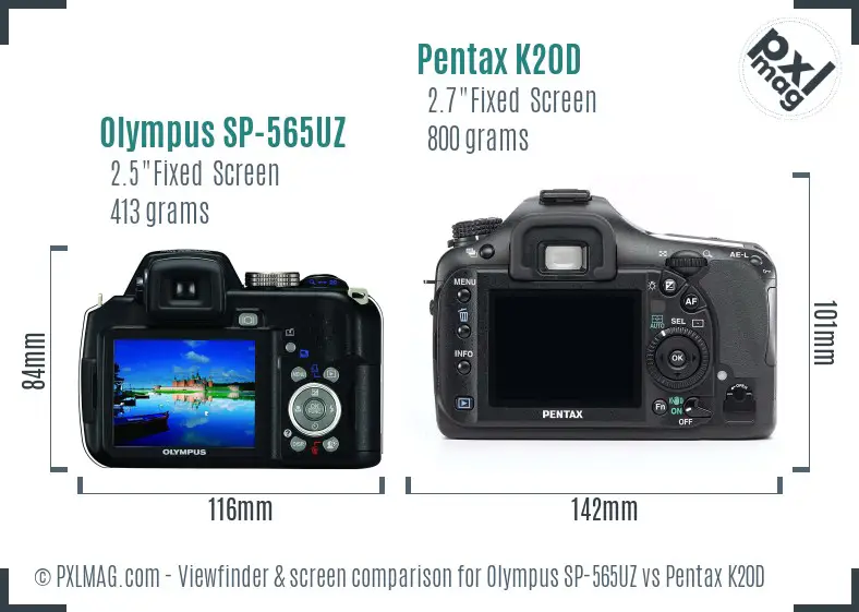 Olympus SP-565UZ vs Pentax K20D Screen and Viewfinder comparison