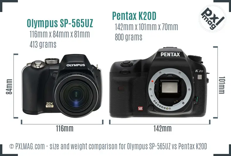 Olympus SP-565UZ vs Pentax K20D size comparison