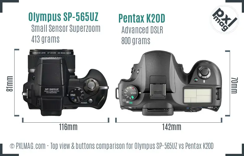 Olympus SP-565UZ vs Pentax K20D top view buttons comparison