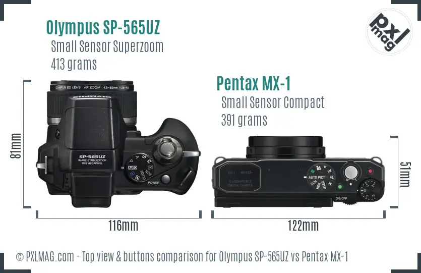 Olympus SP-565UZ vs Pentax MX-1 top view buttons comparison