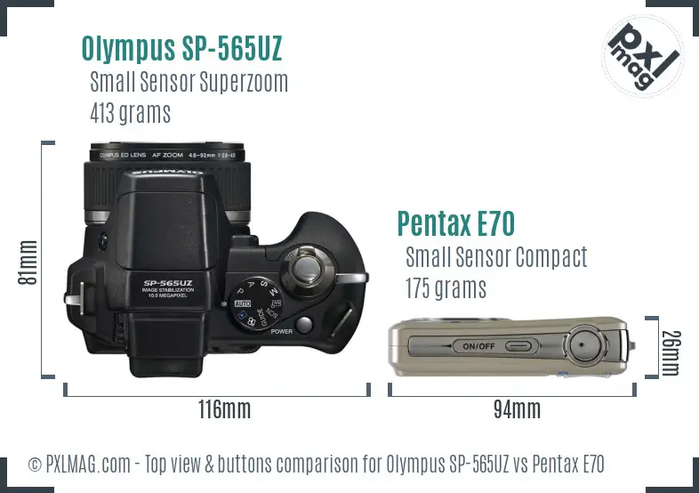 Olympus SP-565UZ vs Pentax E70 top view buttons comparison
