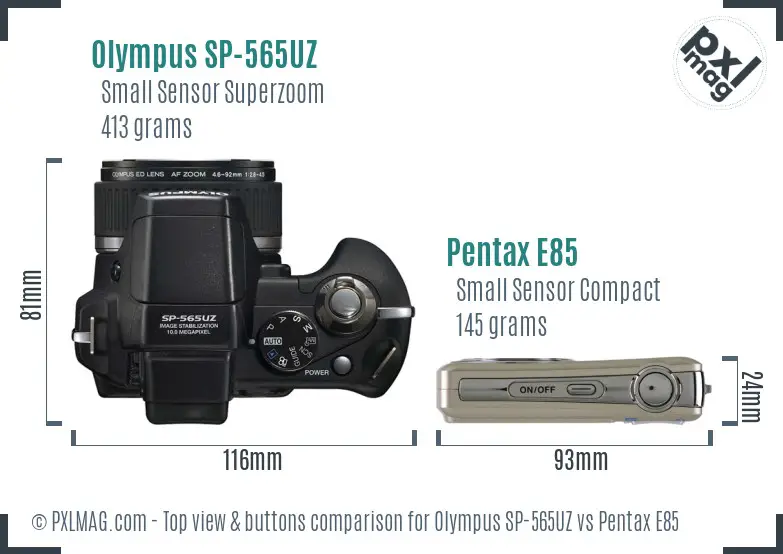 Olympus SP-565UZ vs Pentax E85 top view buttons comparison