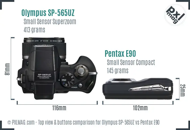 Olympus SP-565UZ vs Pentax E90 top view buttons comparison