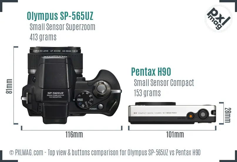 Olympus SP-565UZ vs Pentax H90 top view buttons comparison