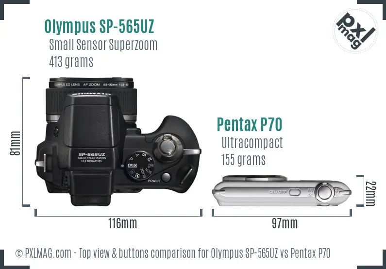 Olympus SP-565UZ vs Pentax P70 top view buttons comparison