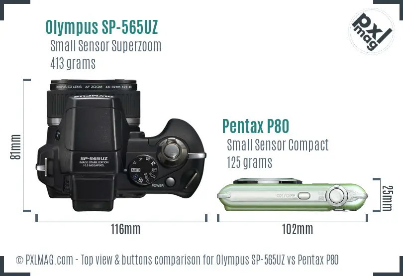 Olympus SP-565UZ vs Pentax P80 top view buttons comparison