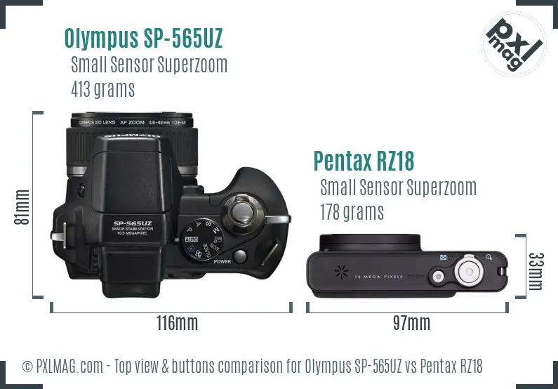 Olympus SP-565UZ vs Pentax RZ18 top view buttons comparison