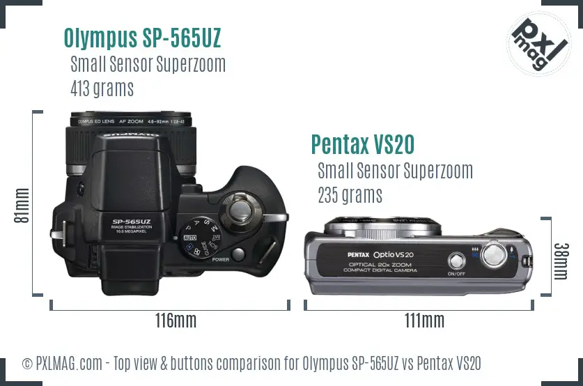 Olympus SP-565UZ vs Pentax VS20 top view buttons comparison