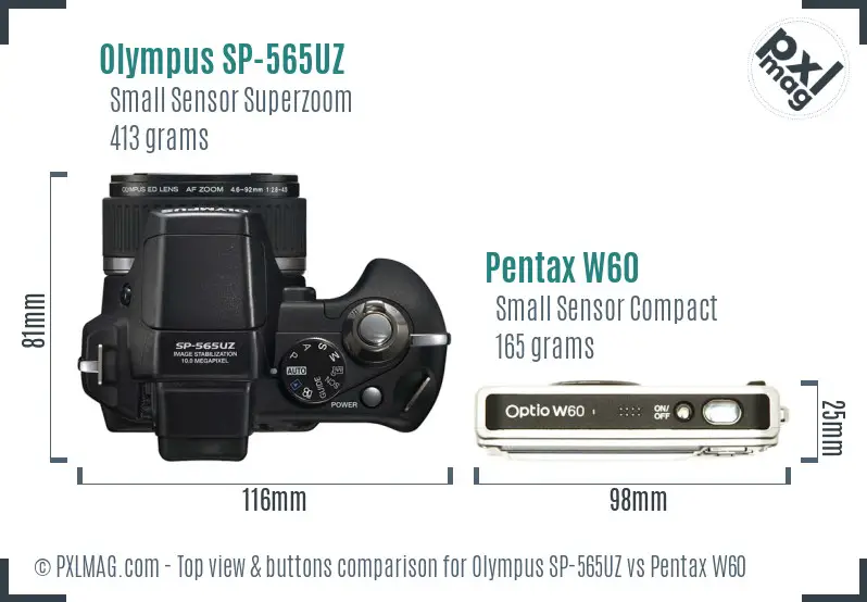 Olympus SP-565UZ vs Pentax W60 top view buttons comparison