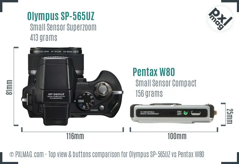 Olympus SP-565UZ vs Pentax W80 top view buttons comparison