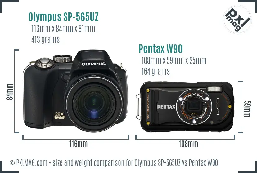 Olympus SP-565UZ vs Pentax W90 size comparison