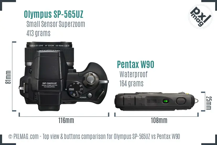 Olympus SP-565UZ vs Pentax W90 top view buttons comparison