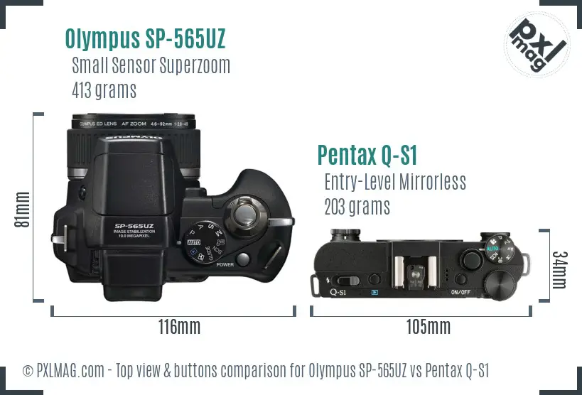 Olympus SP-565UZ vs Pentax Q-S1 top view buttons comparison