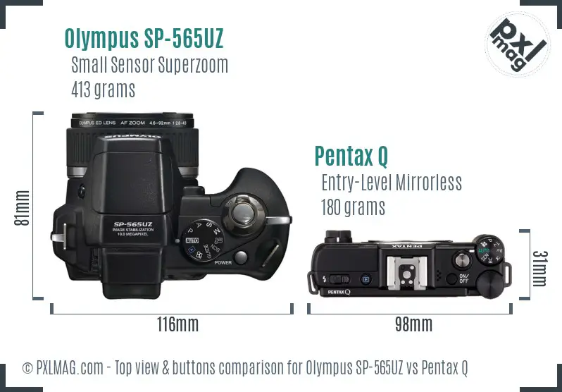 Olympus SP-565UZ vs Pentax Q top view buttons comparison