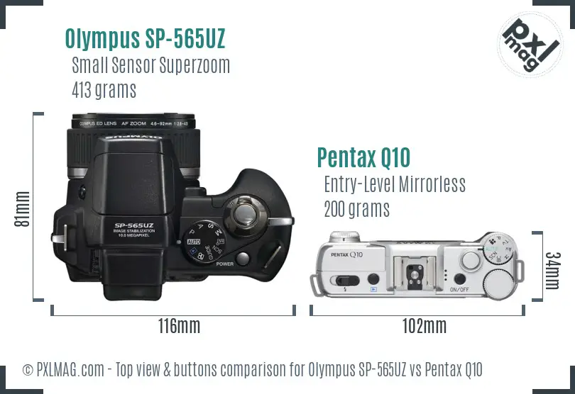 Olympus SP-565UZ vs Pentax Q10 top view buttons comparison