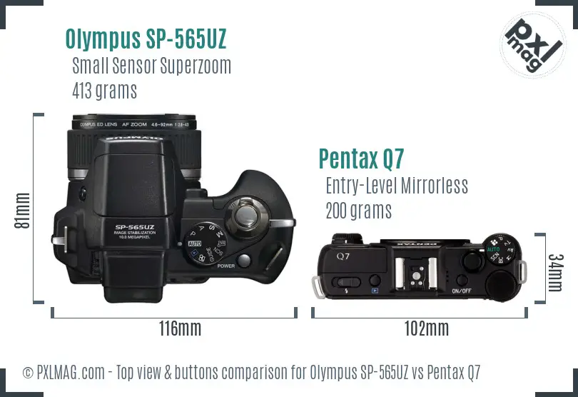 Olympus SP-565UZ vs Pentax Q7 top view buttons comparison