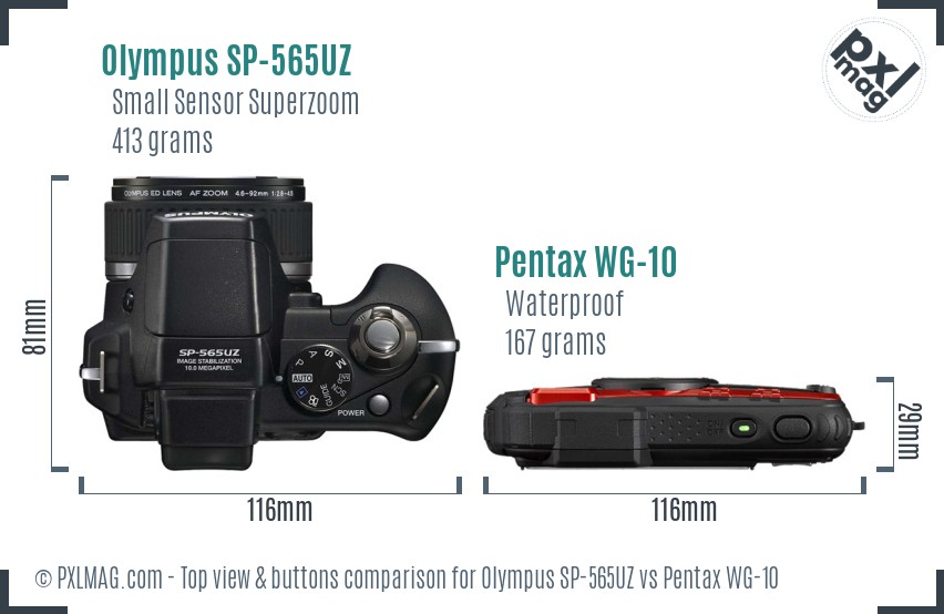 Olympus SP-565UZ vs Pentax WG-10 top view buttons comparison