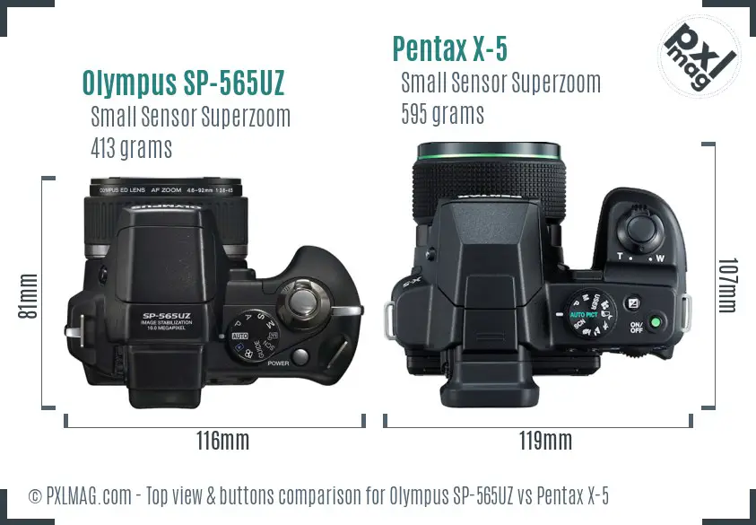 Olympus SP-565UZ vs Pentax X-5 top view buttons comparison