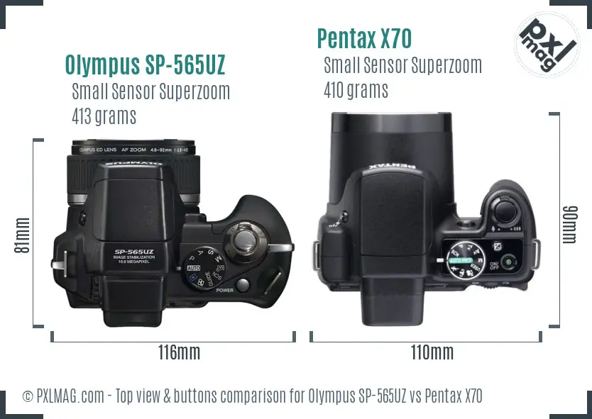 Olympus SP-565UZ vs Pentax X70 top view buttons comparison