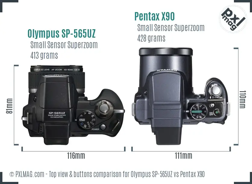 Olympus SP-565UZ vs Pentax X90 top view buttons comparison