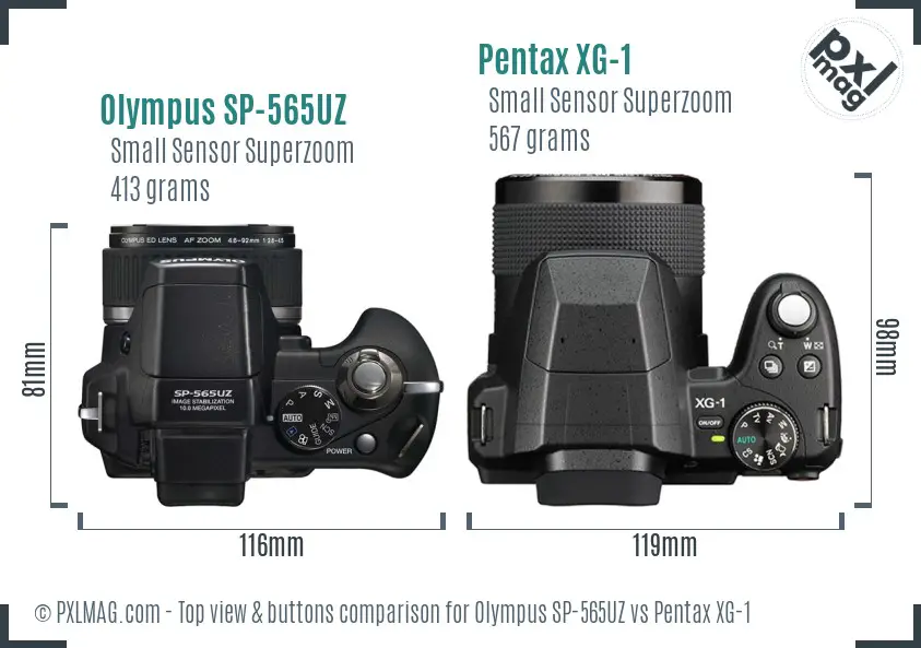 Olympus SP-565UZ vs Pentax XG-1 top view buttons comparison